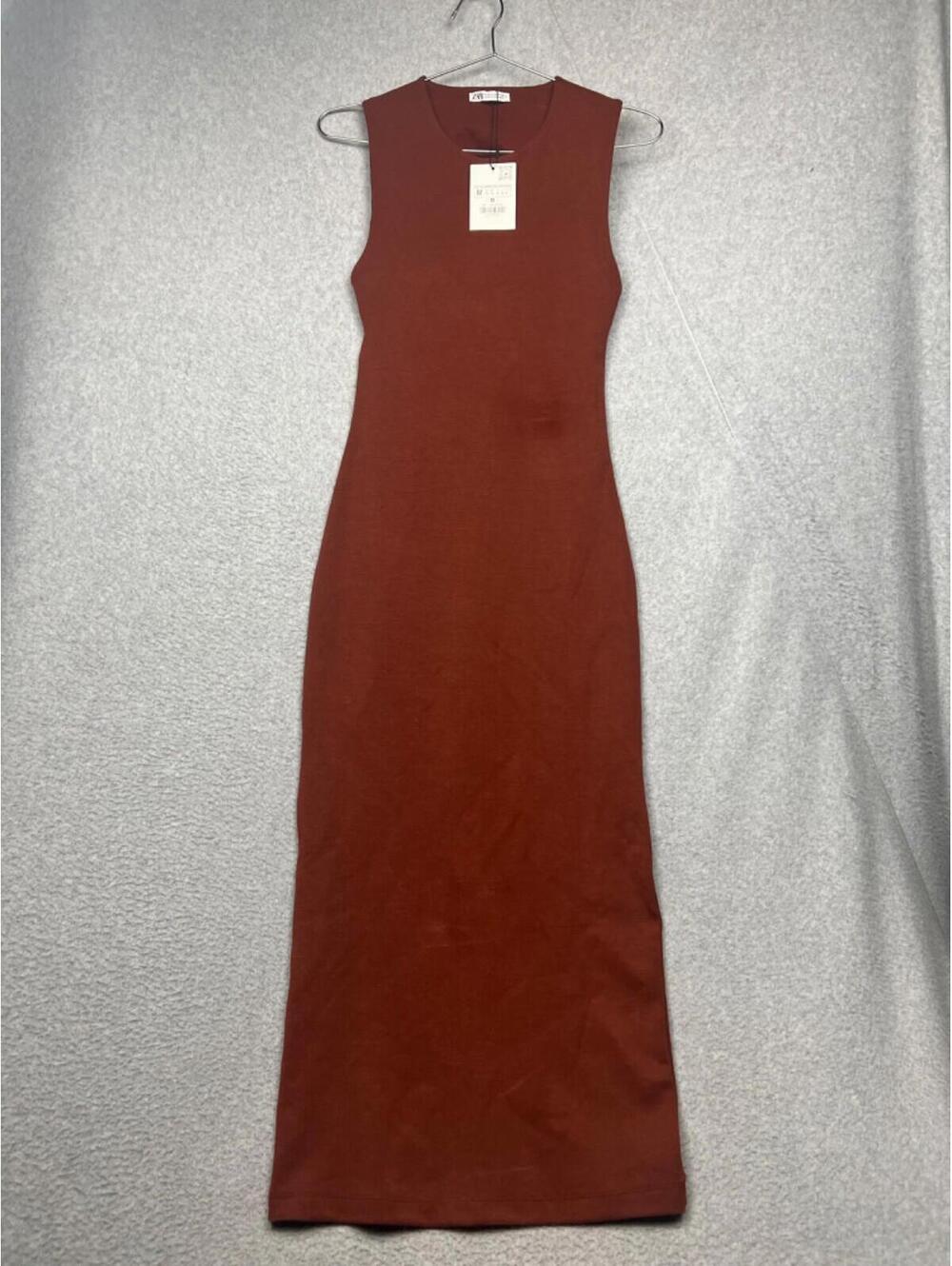 Zara Womens Sleeveless Midi Sheath Dress M Cut Out Back Rust Stretchy Minimalist